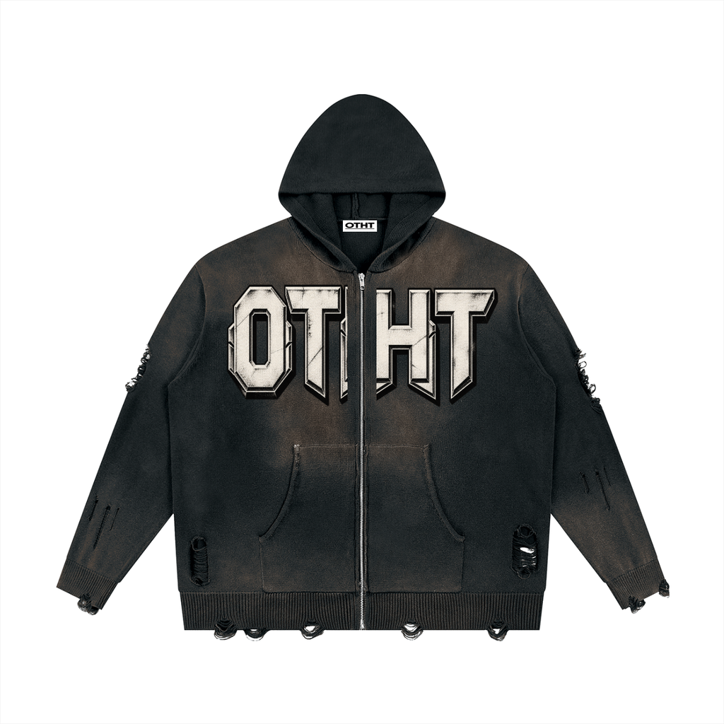 OTHT Unisex Distressed Full Zip Sweater