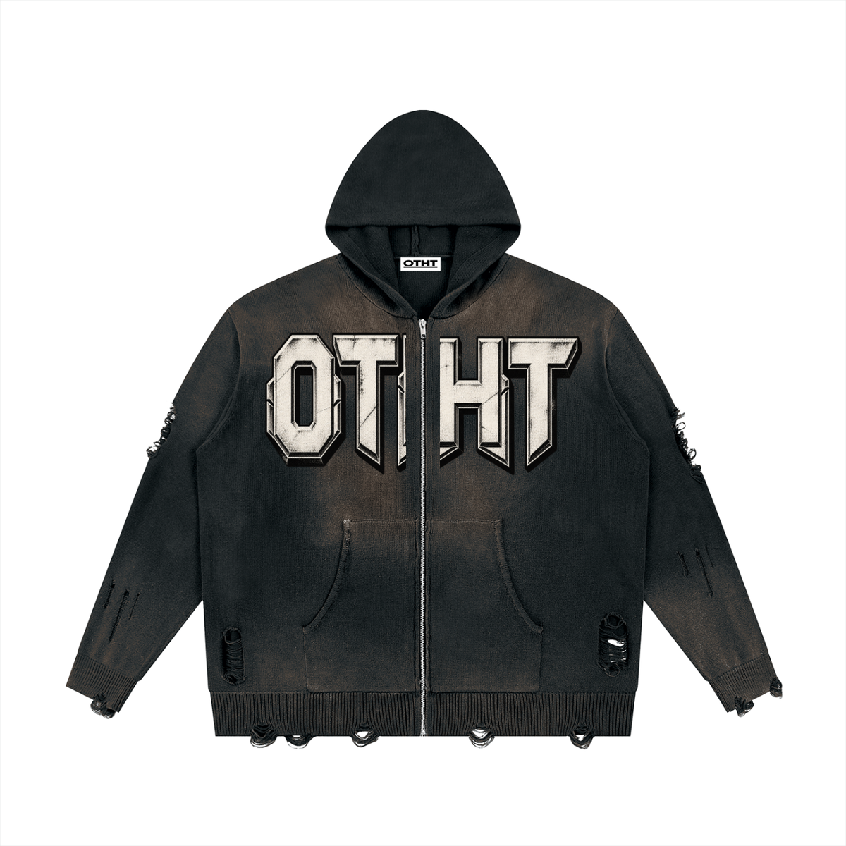 OTHT Unisex Distressed Full Zip Sweater